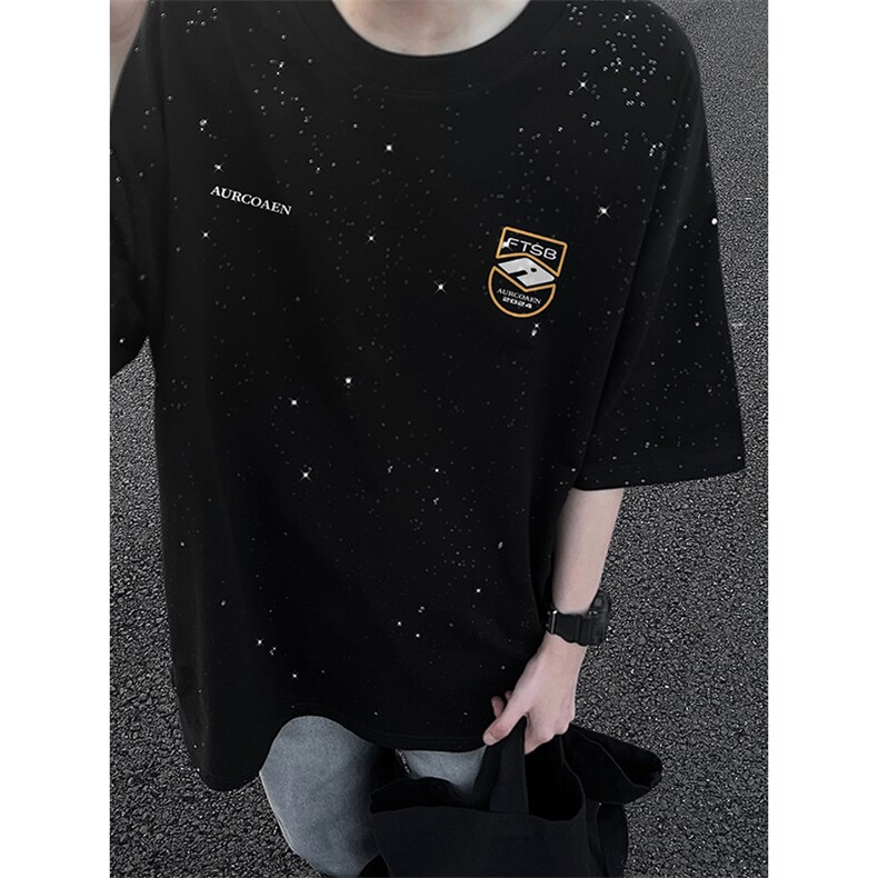 量大优供抖音视频支持得物配合二开美式满天星亮片短袖T恤MTX353,男装T恤,电商A486