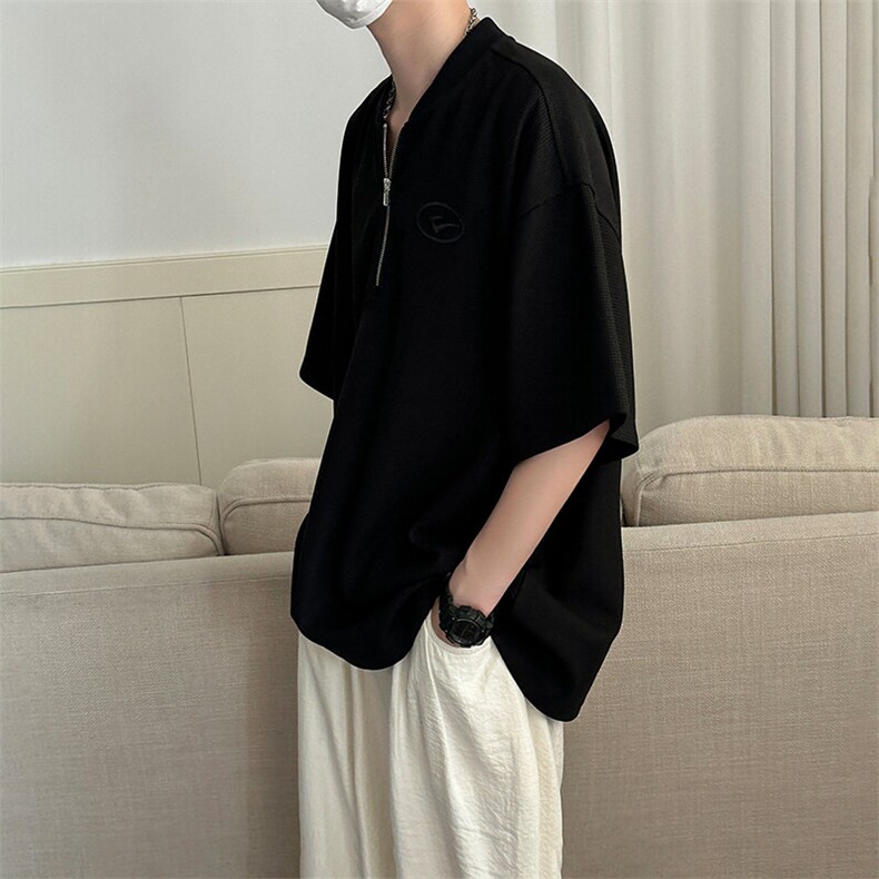 现货-夏季新品华夫格拉链短袖男潮牌百搭宽松T恤-AT23008-P55,男装T恤,电商A351