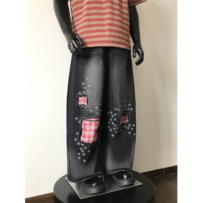 1506/QB1670/P57小众设计破洞补丁子拼接宽松阔腿微喇直筒裤子，男装休闲裤，星座1506