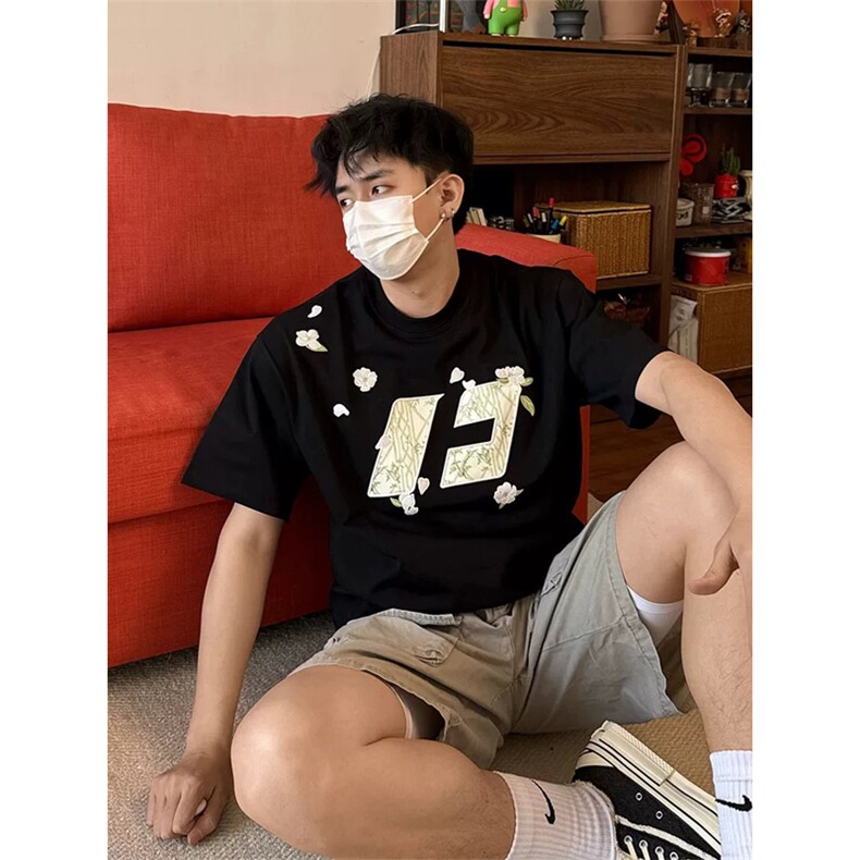 网图有货花伴竹纯棉刺绣短袖T恤男女情侣宽松花卉上衣A469-P35,男装T恤,星座1505