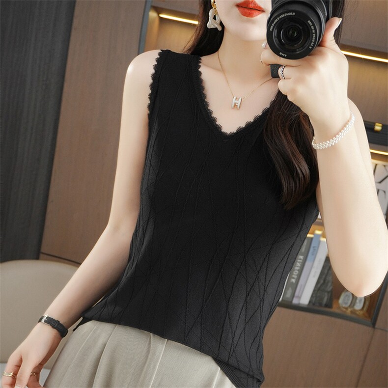 100%纯棉V领女夏季新款百搭无袖吊带背心针织衫纯色花边宽松上衣，女装马甲，秋双羊绒