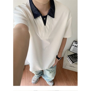 假两件polo衫短袖男款夏季牛仔拼接带领t恤美式穿搭半袖YBN06 P47图片