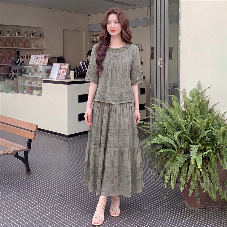 套装女夏季蕾丝拼接优雅温柔女人味加色两件套,女装套装/套裙,曼沙奕珂