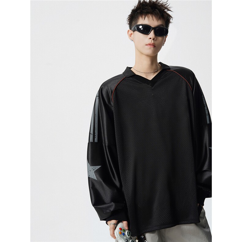 可二开美式POLO衫大码M-5XL拼接V领球衣长袖T恤男CX78111P45控69,男装Polo衫,星座226-1