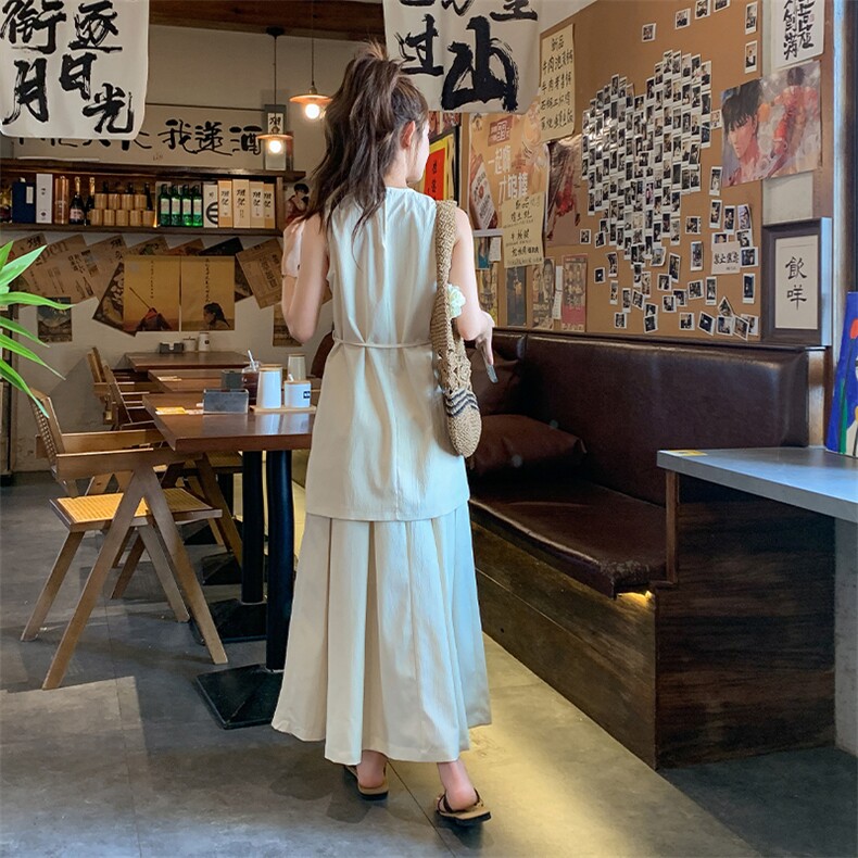 气质米白色无袖马甲半身裙套装女夏甜美显瘦法式两件套爆款高级感,女装套装/套裙,2C269