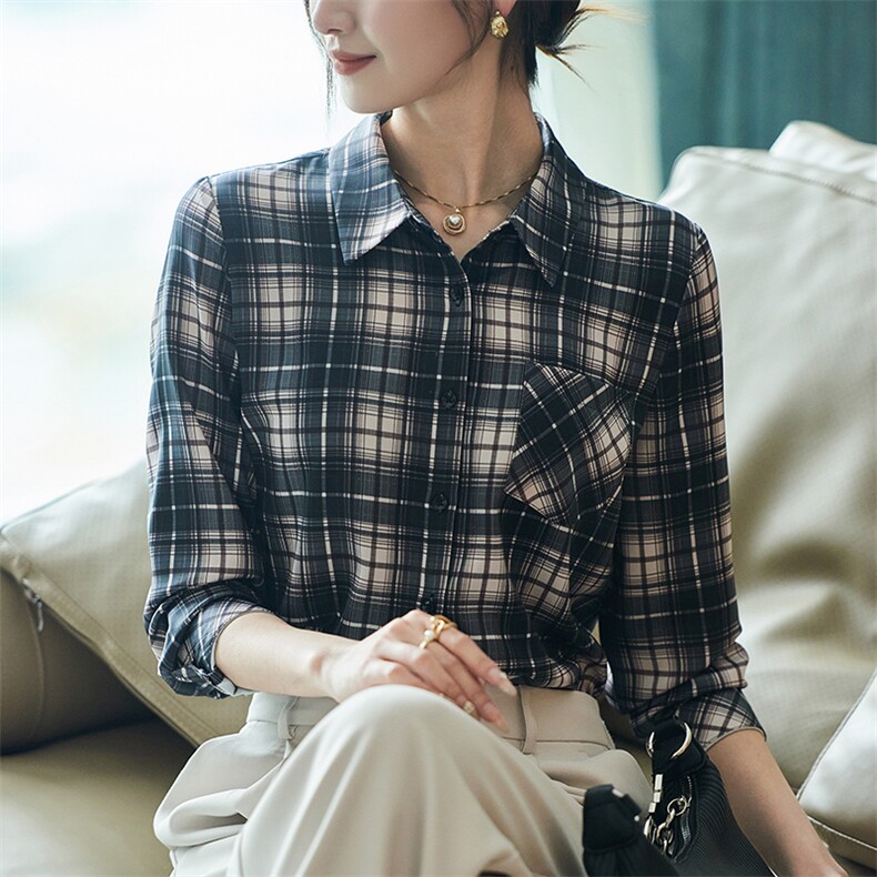 2025年夏季修身型百搭七分袖POLO领缎面真丝衬衫,女装衬衫,帝知娇羊绒