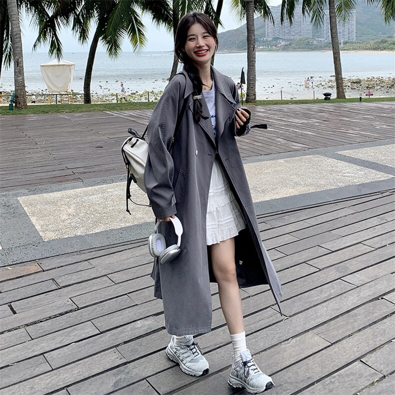 《实体高质》韩版双排扣宽松休闲中长款风衣外套,女装风衣,辰辰家