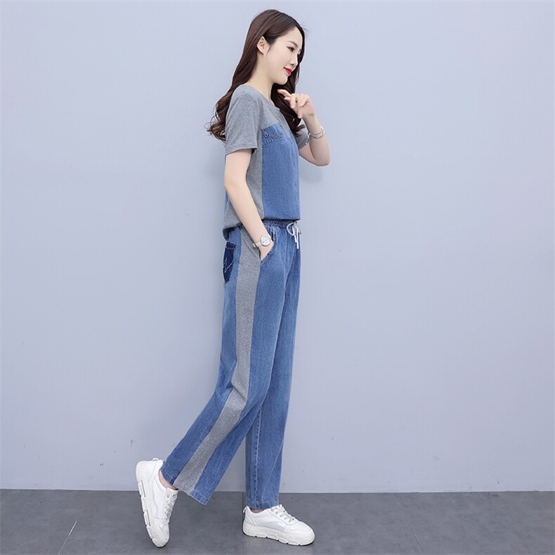 牛仔套装女小个子2024夏季新款网红炸街洋气减龄薄款阔腿裤两件套,女装套装/套裙,靓星雨