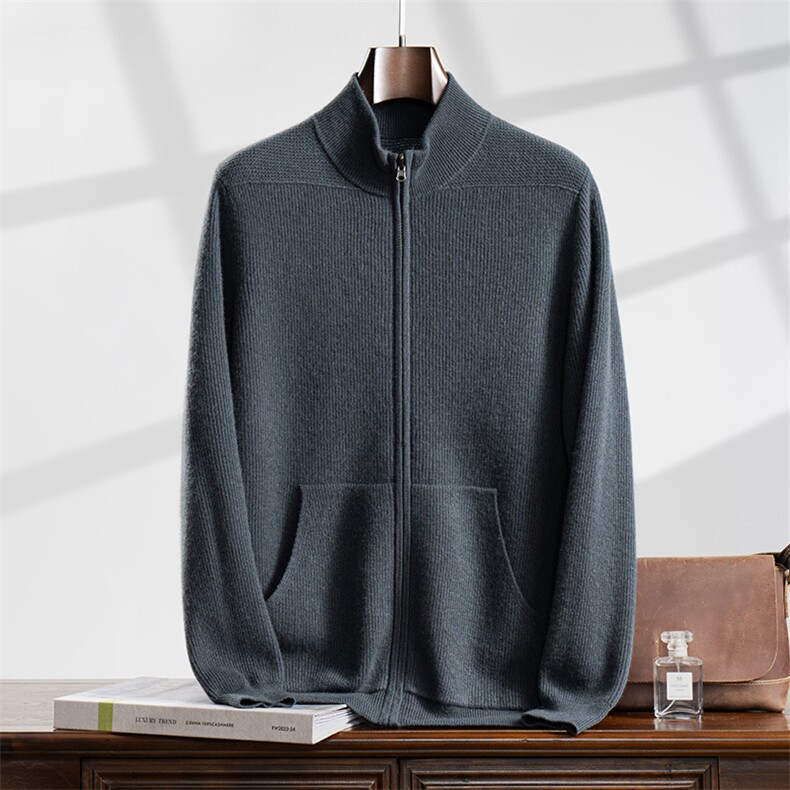 2024秋冬新款山羊绒男士立领纯色拉链口袋羊绒开衫，男装羊绒开衫，曼云男装羊绒