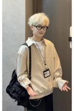 条纹宽松显瘦休闲百搭上衣设计感V领套头衬衣HY921TP48控88，男装衬衫，电商A102B