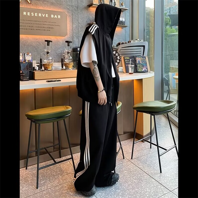 夏季运动套装休闲男宽松拉链无袖背心搭配条纹直筒长裤子一整套男，男装休闲套装，星座601-2