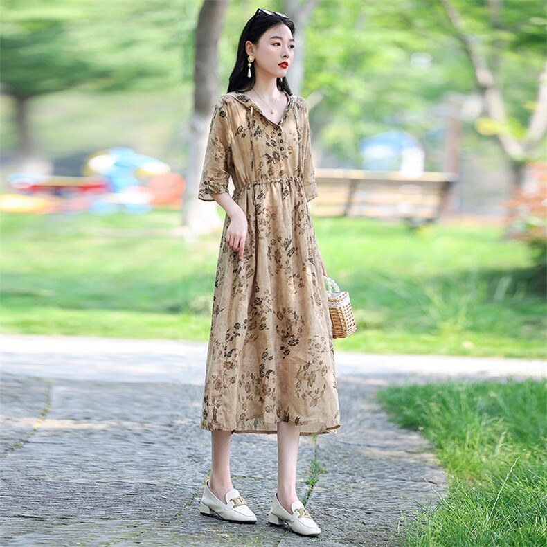 新品优雅复古印花苎麻连衣裙女长款显瘦气质V领宽松大码女装,女装连衣裙,凝聚力