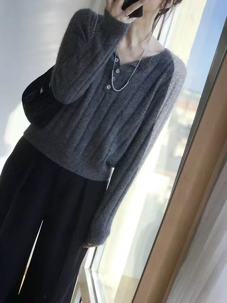 2025年秋季新款五扣半开领针织上衣时尚休闲通勤百搭，女装针织衫/毛衣，恒恩羊绒