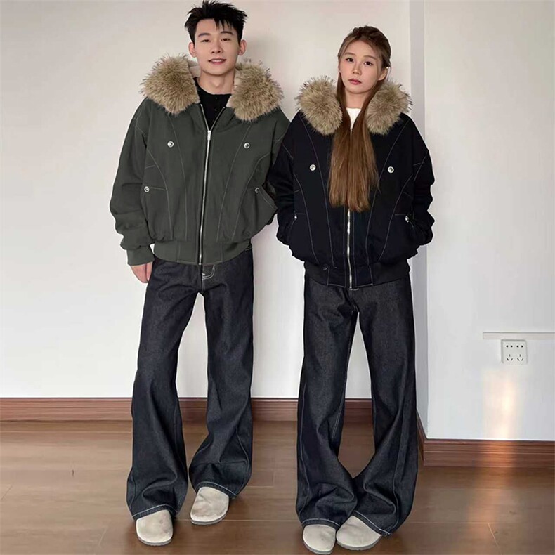 现货重磅boxy短款棉衣座山雕大毛毛领男女棉服水洗工装厚外套,男装棉衣,电商A443