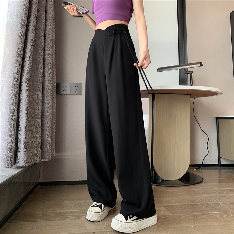 亚麻新中式风盘扣阔腿裤女2024夏季新款高腰垂感窄版阔腿休闲,女装休闲裤,梦白服饰厂