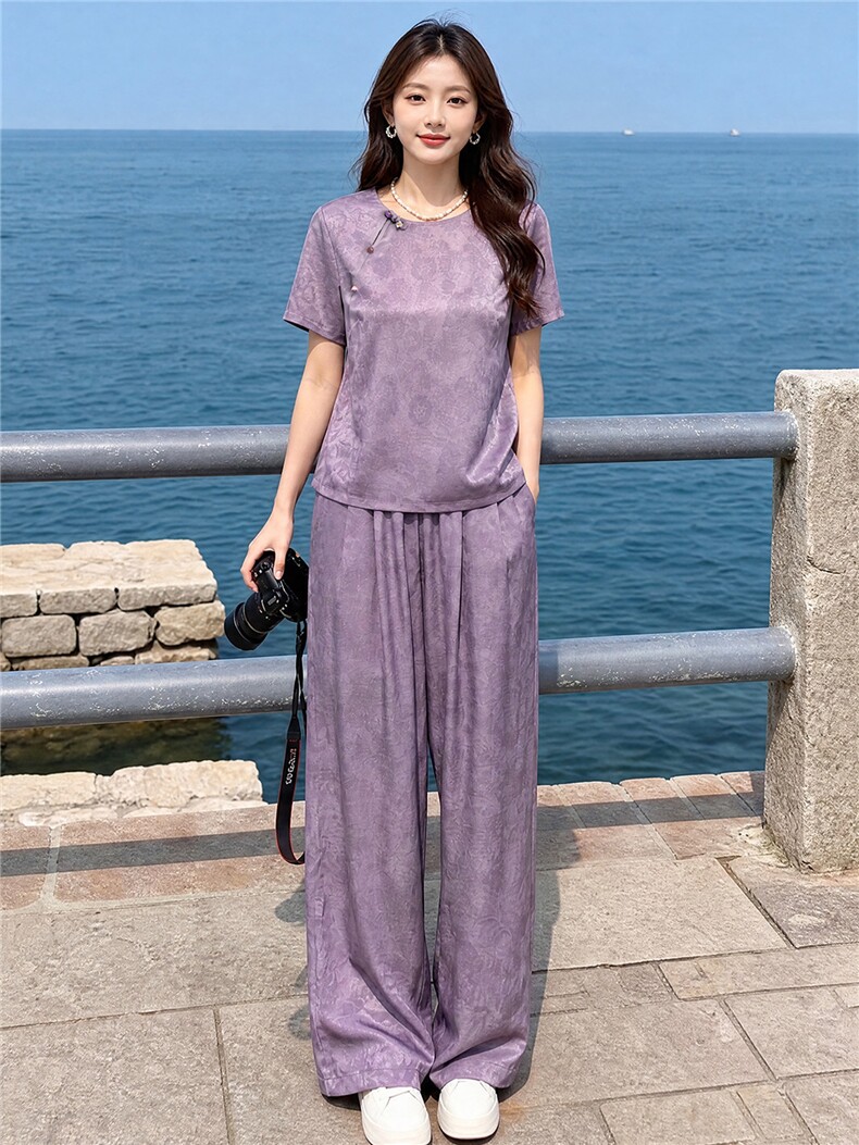新中式气质减龄套装女夏款气质显瘦刺绣印花上衣阔腿长裤两件套,女装套装/套裙,江南