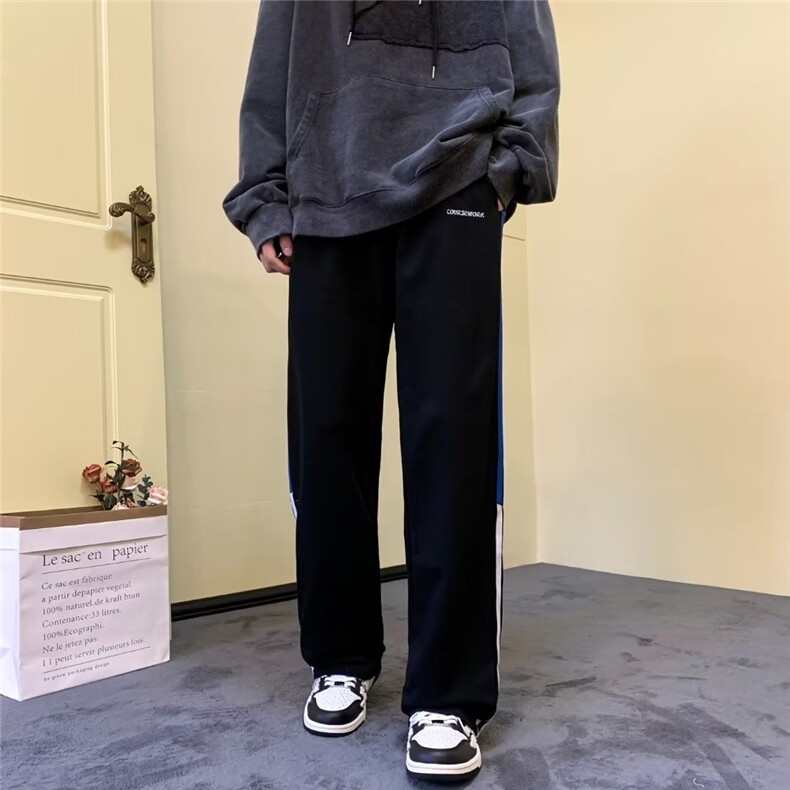 美式休闲裤男秋季新款侧边三条杠宽松显瘦抽绳卫裤高腰拖地长裤子,男装休闲裤,四季星座218-1