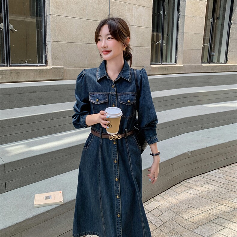 独特超好看长袖牛仔连衣裙女早秋2025新款收腰显瘦气质减龄衬衫裙,女装连衣裙,秋水欣儿