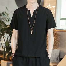2021夏季新款男装T恤中国风复古原创盘扣v领短袖上衣藏青T15，男装T恤，电商B277(原6028)