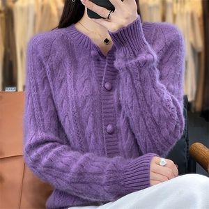 100%纯羊毛针织开衫女圆领麻花针织长袖毛衣宽松羊绒衫外套图片