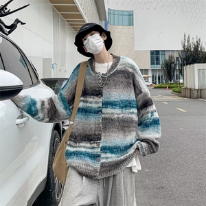 2025秋撞色拼接扎染开衫毛衣男复古针织衫外套 MY7310图片