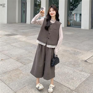 复古高级感西装马甲打底衫阔腿裤三件套女2025秋季老钱风休闲套装图片