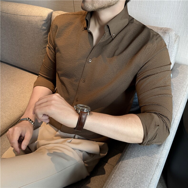 高级感高品质泡泡纱华夫格V领衬衫男长袖立领衬衣C3002-P55特,男装衬衫,电商A213