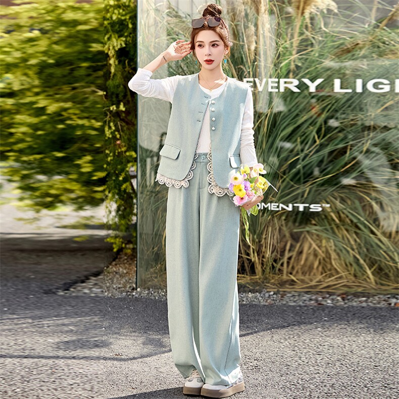 时尚高级感马甲套装女2025春夏新款洋气减龄显瘦垂感阔腿裤三件套,女装套装/套裙,木子恋