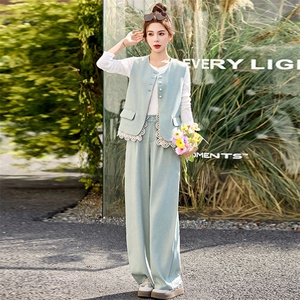 时尚高级感马甲套装女2025春夏新款洋气减龄显瘦垂感阔腿裤三件套图片