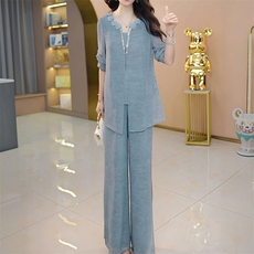 丝麻气质妈妈2026夏季阔腿裤新款两件套遮肉休闲时尚凉爽上衣套装，女装套装/套裙，超越