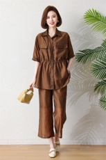 短裤套装女夏装2025休闲天丝薄款清凉短袖收腰时尚休闲显瘦两件套，女装套装/套裙，深水步