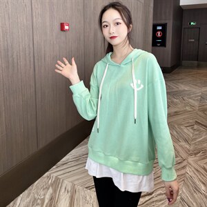 2021春季新款时尚假两件连帽卫衣宽松显瘦长袖上衣女,中长黑色西装马甲搭配女图片