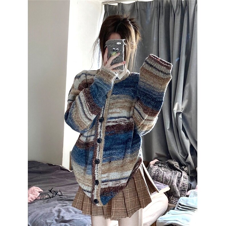 【有货】DMU13-P70撞色拼接毛衣秋季新款宽松彩色渐变针织开衫,男装针织衫/毛衣,星座603-2