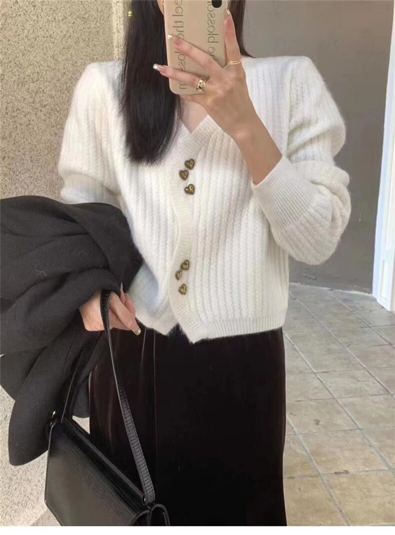 秋冬新款简约百搭纯色双扣针织羊毛开衫女长袖,女装羊毛衫,戎咖羊绒