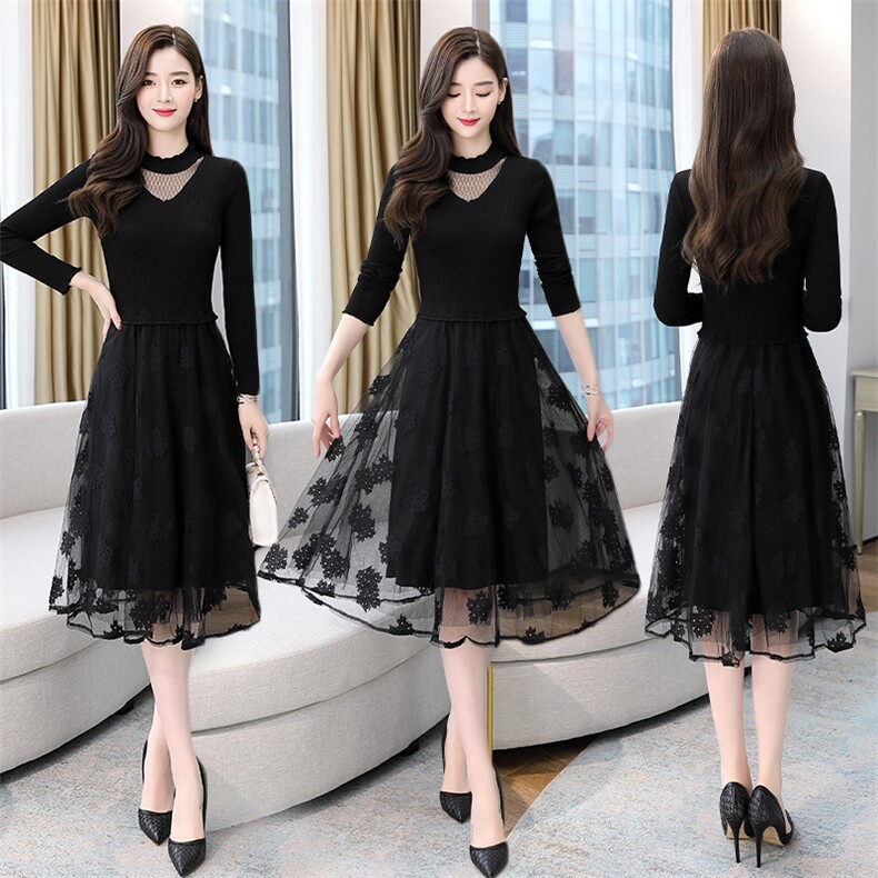 2022春秋季时尚百搭新款连衣裙蕾丝网纱优雅女人中长款女，女装连衣裙，然然