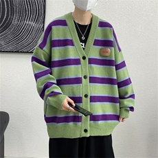 条纹开衫毛衣男冬ins潮休闲外套慵懒风宽松毛线针织衫MZ171-P43，男装针织衫/毛衣，星座412-3
