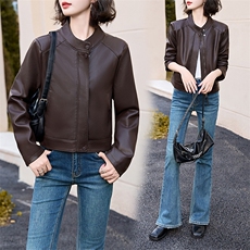 现货立领拉链长袖小个子短款海宁仿绵羊皮皮衣外套女2024年秋季，女装皮衣，江南女神