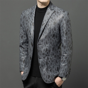 春秋款海宁真皮皮衣男牛皮印花西服商务休闲男装夹克爸爸装图片