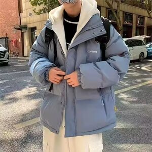 春秋新款美式百搭宽松纯色棉衣男士韩版休闲简约假两件外套上衣图片