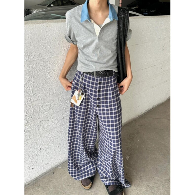网络图现货格子裤子男女直筒休闲长裤垂感拖地阔腿裤RBK06-P70图片