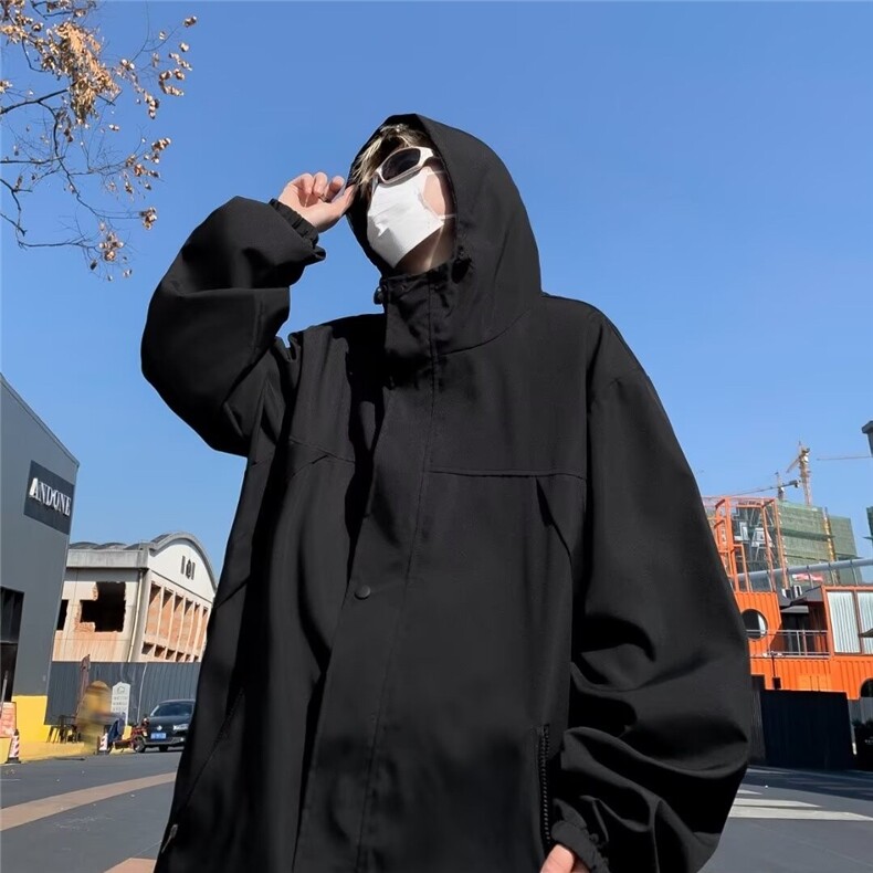 黑色机能冲锋衣外套男春秋季休闲宽松户外棒球服连帽工装夹克Q703,男装夹克,星座506
