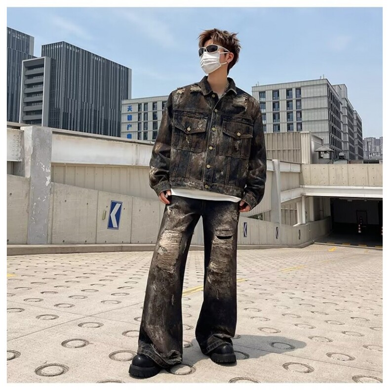 水洗破洞微喇牛仔牛仔裤男宽松炸街vibe风重工垫肩夹克上衣两件套,男装夹克,星座1013