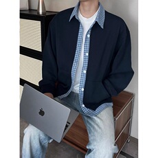假两件开衫卫衣男秋格子拼接短款外套美式翻领夹克WY208，男装夹克，星座1116A（原606A-3）