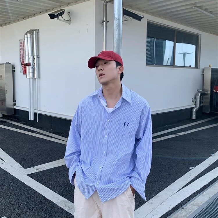 美式复古长袖条纹衬衫男欧美街头垂坠感衬衣薄款外套情侣潮牌男衬，男装衬衫，四季星座505