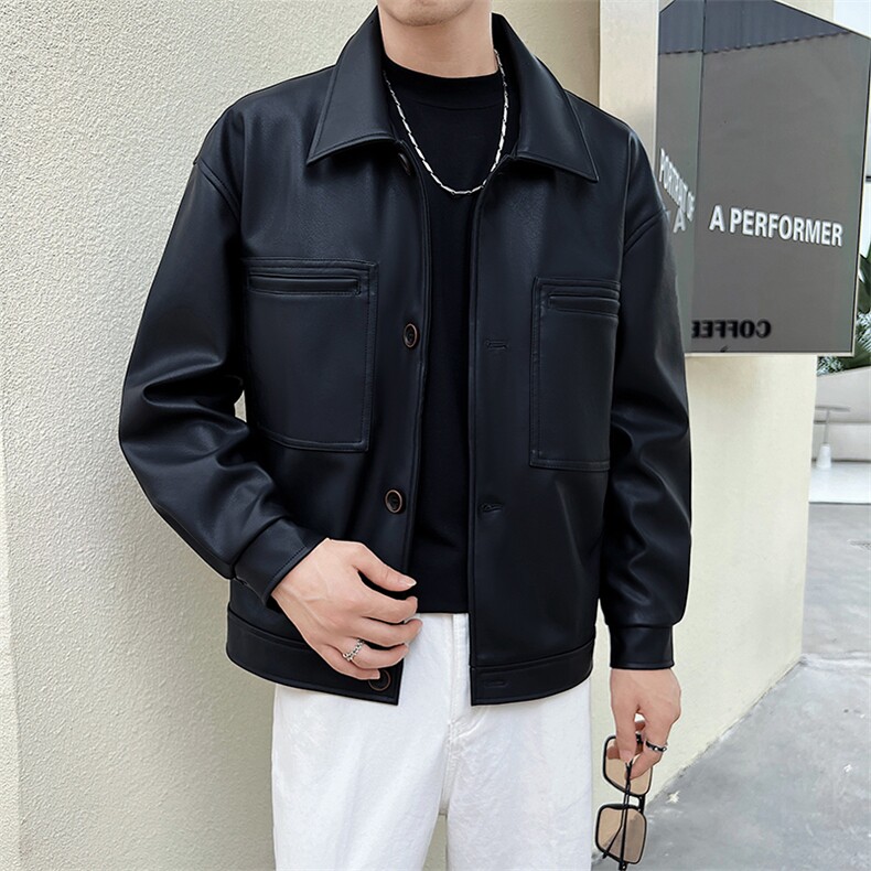 社会小伙秋季新款轻熟夹克免洗pu皮皮衣翻领外套男 PY110-P110图片