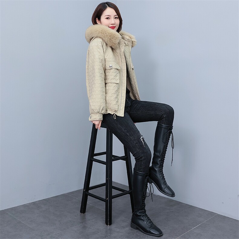 2022冬季新款提花连帽毛领可脱卸休闲派克服棉衣棉服,女装棉衣/棉服,奕薇雅