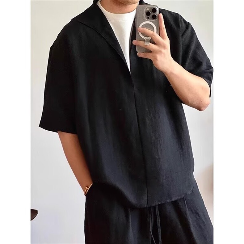 BB7406-P652025夏季潮流老钱风懒人假两件衬衫短裤,男装牛仔裤,电商B323A