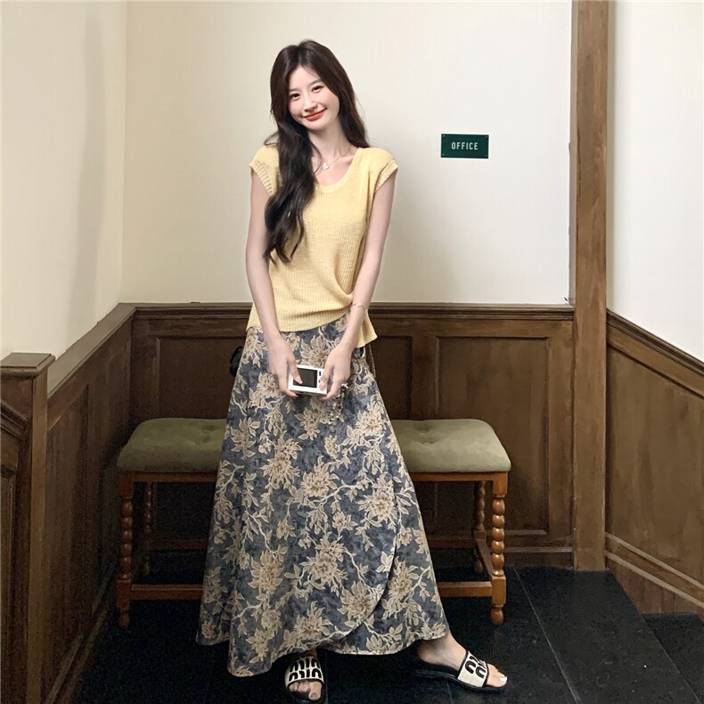针织T恤碎花半身裙套装女夏2025新款两件套ootd穿搭巨好看高级感,女装套装/套裙,2C166