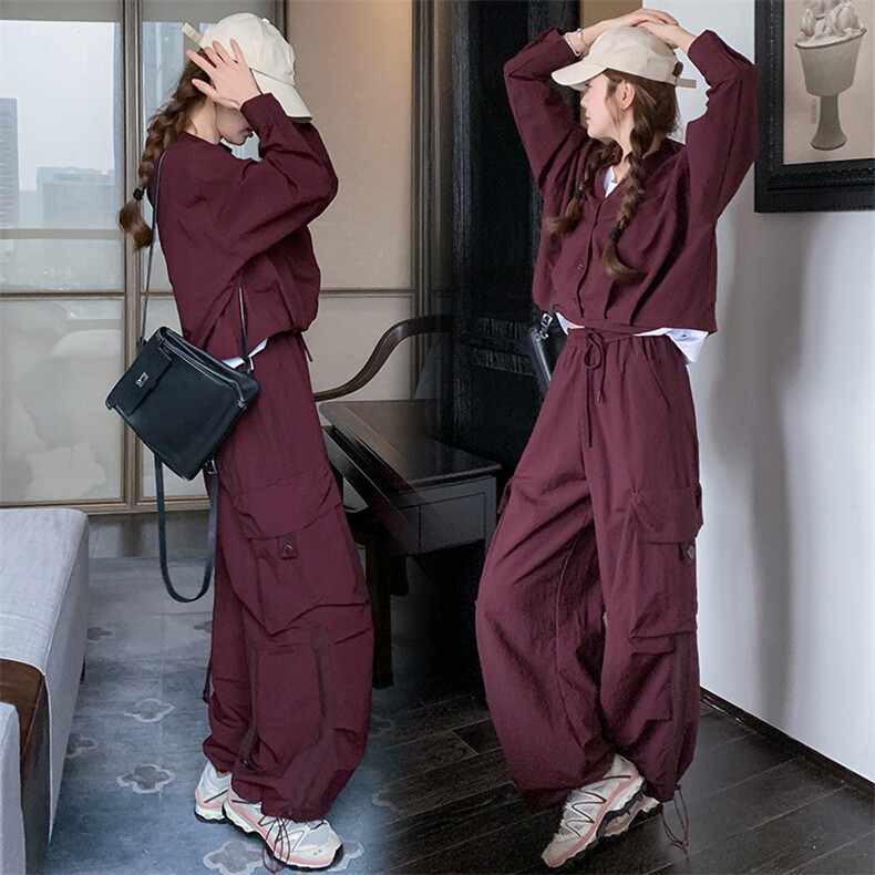 休闲时尚套装女2025春季新款高级感显瘦工装阔腿裤两件套,女装套装/套裙,纯色衣恋