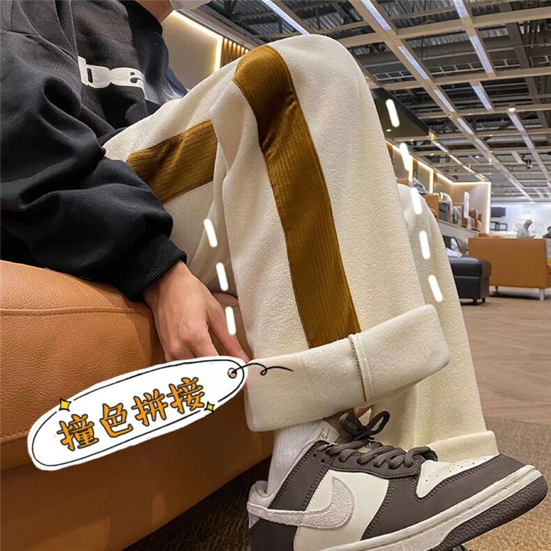 摇粒绒刺绣拼接休闲裤男冬季加绒加厚灯芯绒直筒裤子K63图片